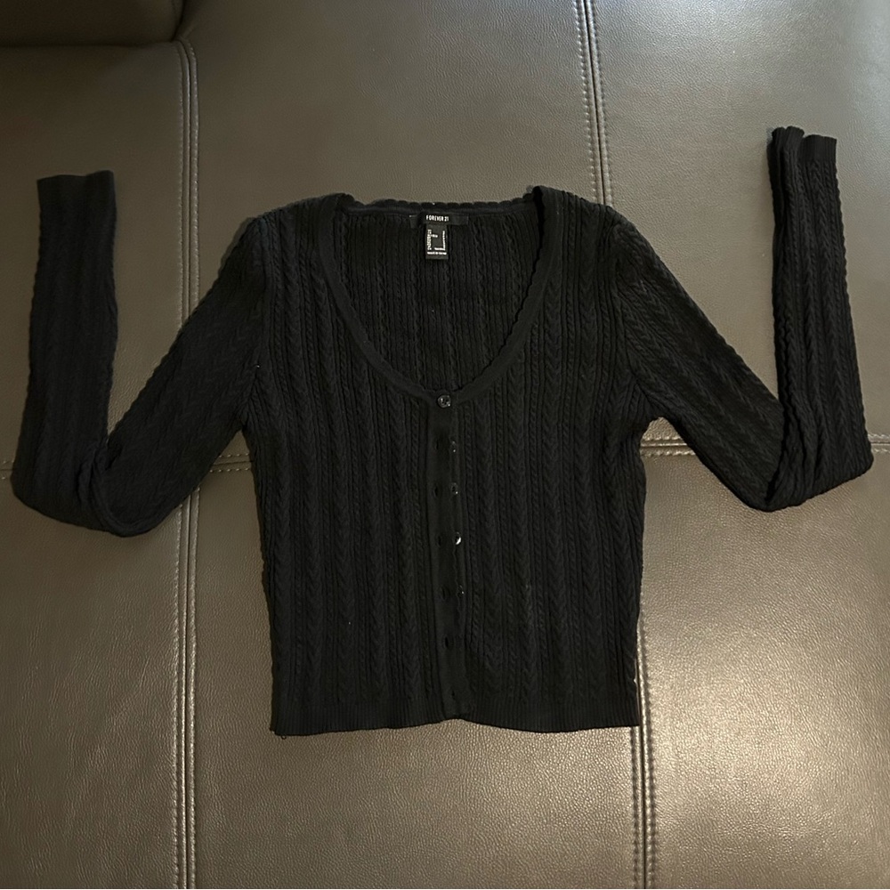 Black Cardigan With Scallop Detail